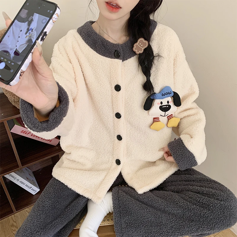 2025新款冬季睡衣女半边绒卡通开衫套装加厚加绒保暖珊瑚绒家居服