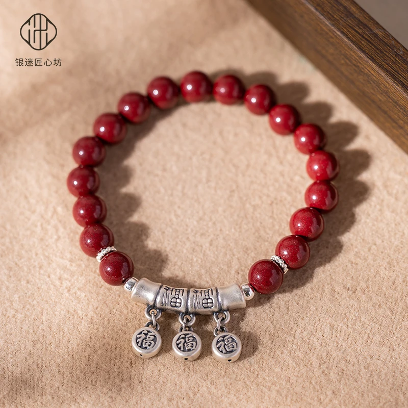 925银手链 单圈配饰红色首饰时尚复古国风小众手饰百搭轻奢古风女