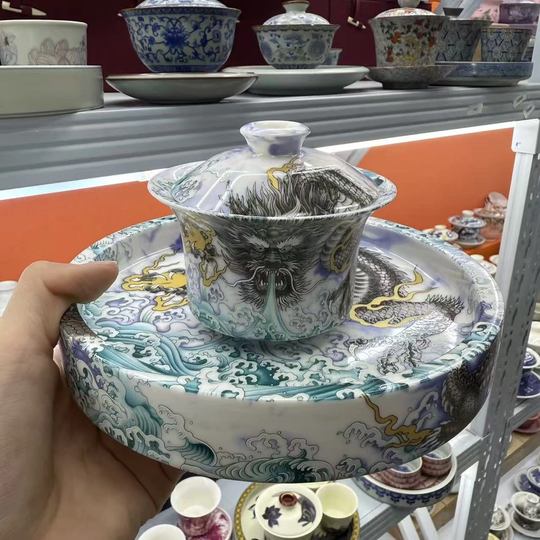 景德镇墨彩水墨祥龙悬停旋转盖碗茶具家用送礼高档中式礼盒装0983