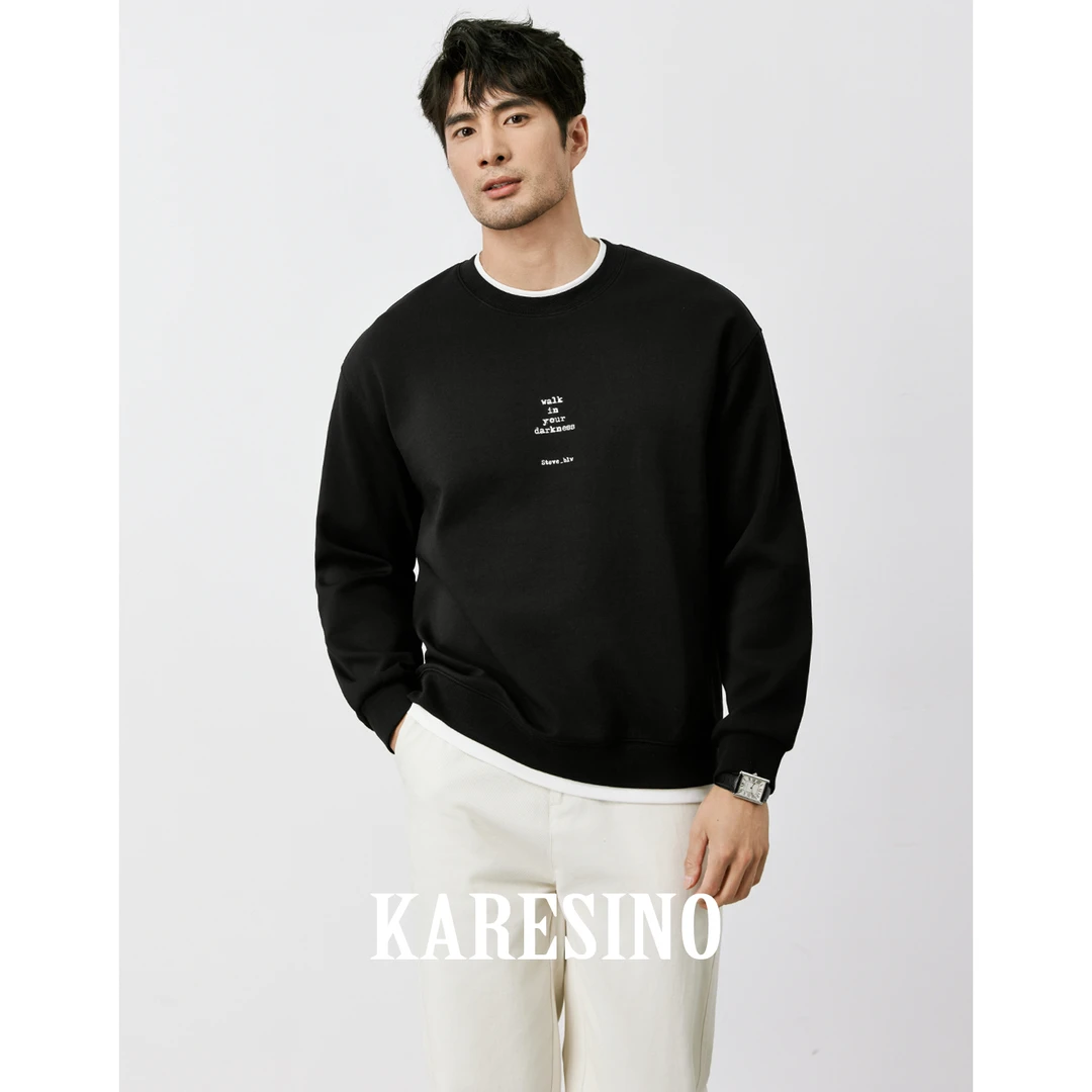 KARESINO重磅拼接假两件T恤男休闲印花秋冬男士黑色圆领卫衣长袖
