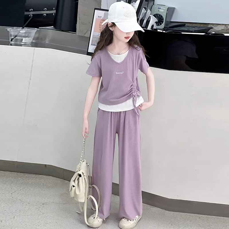 女童夏季短袖套装2025新款女孩大童假两件T恤儿童夏装冰丝阔腿裤