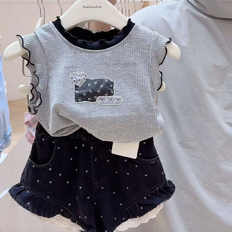 女童休闲套装2025夏季新款儿童韩版爱心上衣中小童波点短裙两件