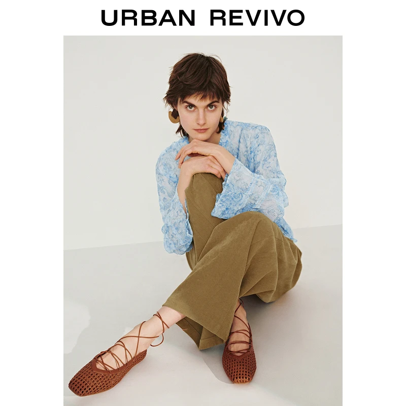 UR2025春季新款女装欧若风花朵印花系带长袖开襟衬衫UWH250027