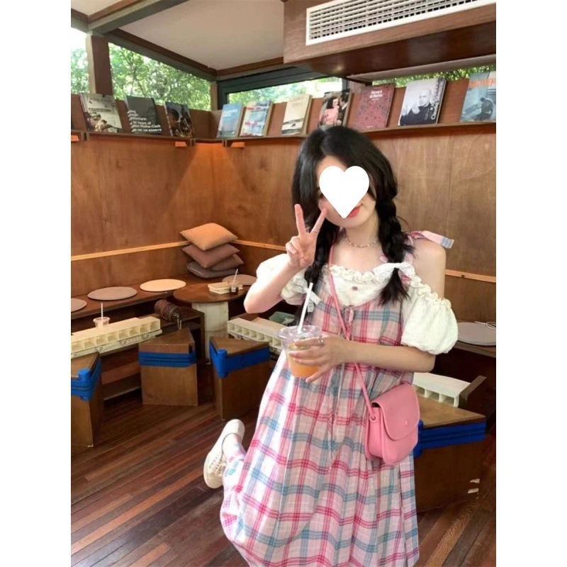 大码女装法式学院风甜美连衣裙夏季假两件吊带裙胖MM宽松显瘦裙子