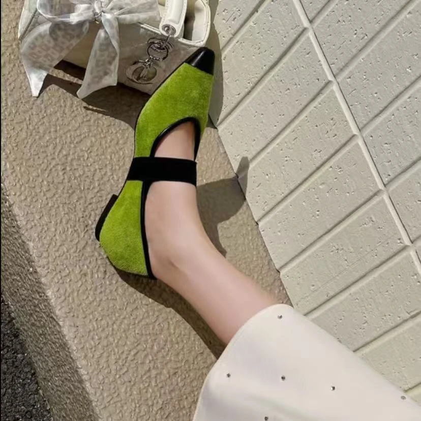 C7277  绿色 时尚尖头舒适平跟浅口软底玛丽珍女单鞋