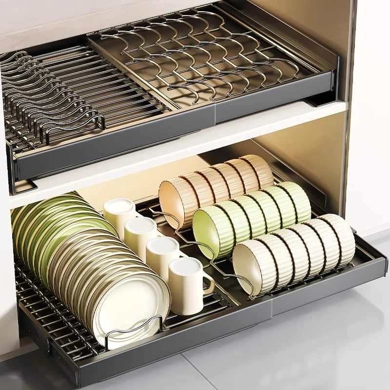 厨房橱柜拉篮免打孔可伸缩抽屉式置物架抽拉碗碟餐具沥水收纳架子
