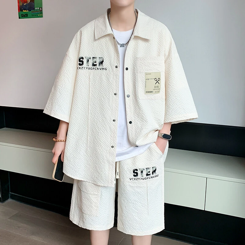 男生夏季新款时尚印花短袖套装潮流宽松港风学生翻领衬衫短袖一套