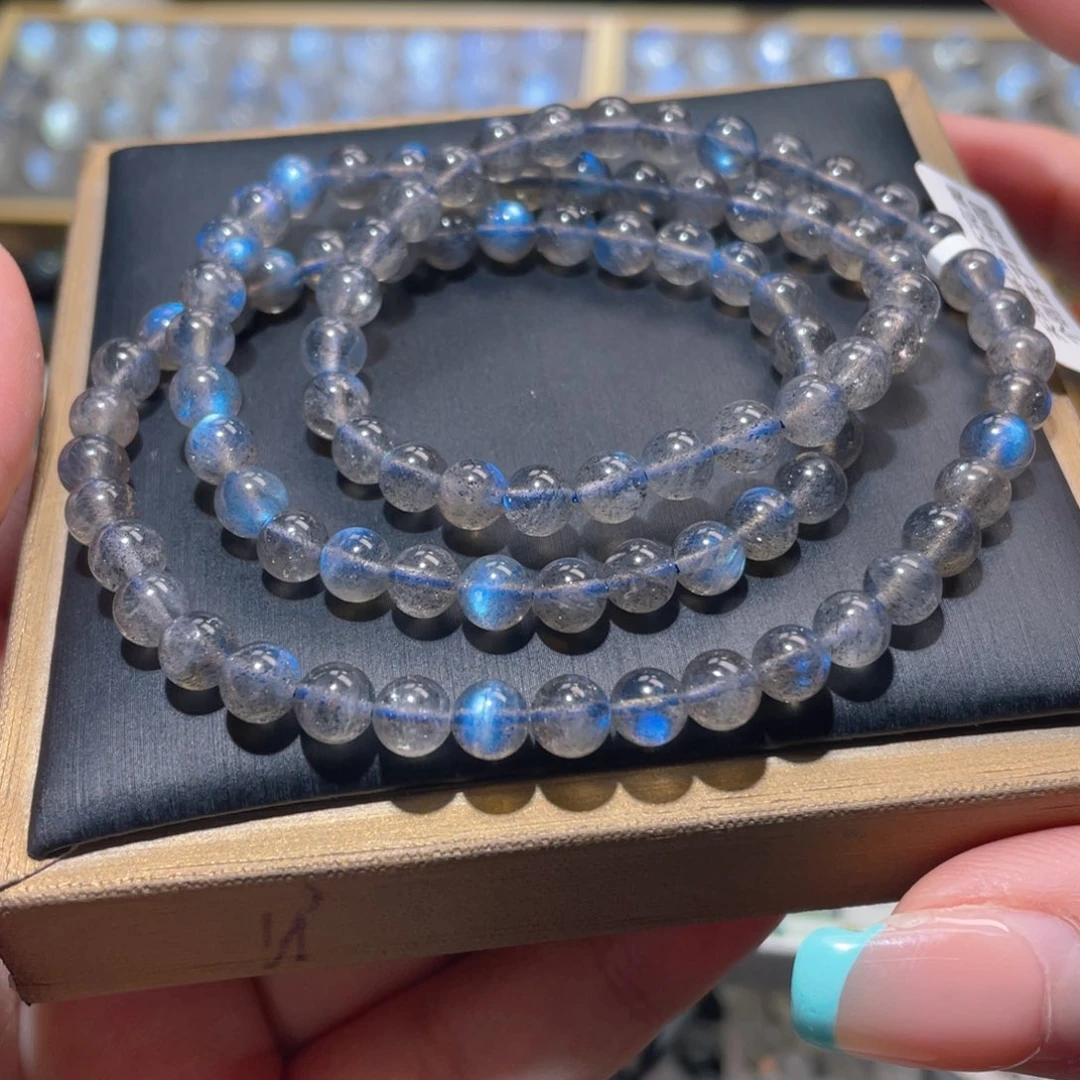 长石未镶嵌手链马岛黑体蓝光拉长石手链多圈6mm