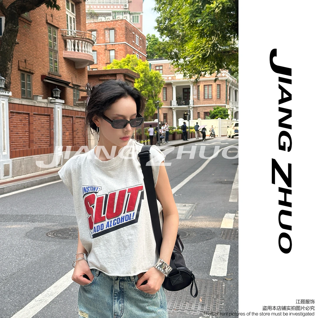 JIANGZHUO【字母背心】美式复古吊带背心女夏季字母印花无袖T恤