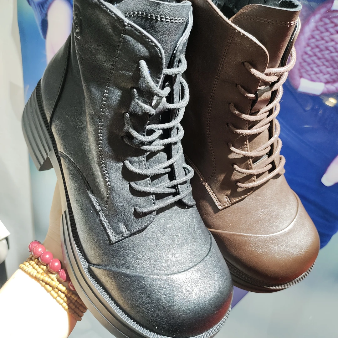 休闲风交叉绑带侧拉链纯色马丁靴女士时尚皮靴