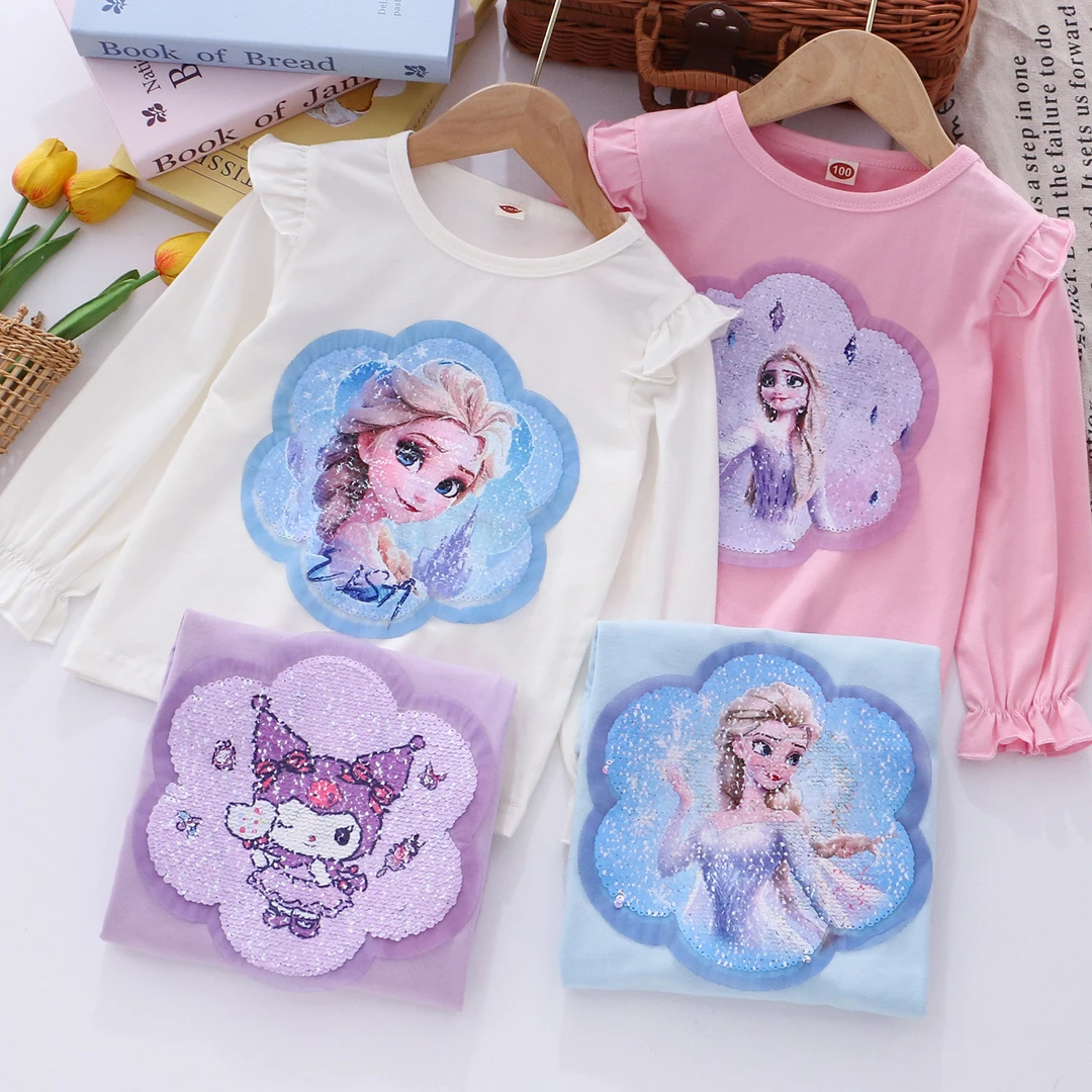 女童春秋新款棉长袖打底衫儿童秋季变色亮片长袖T恤衫