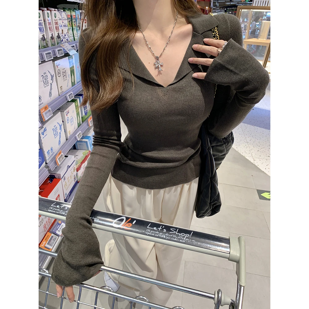 polo领心机针织衫女2025春秋设计感内搭毛衣薄款套头修身打底上衣