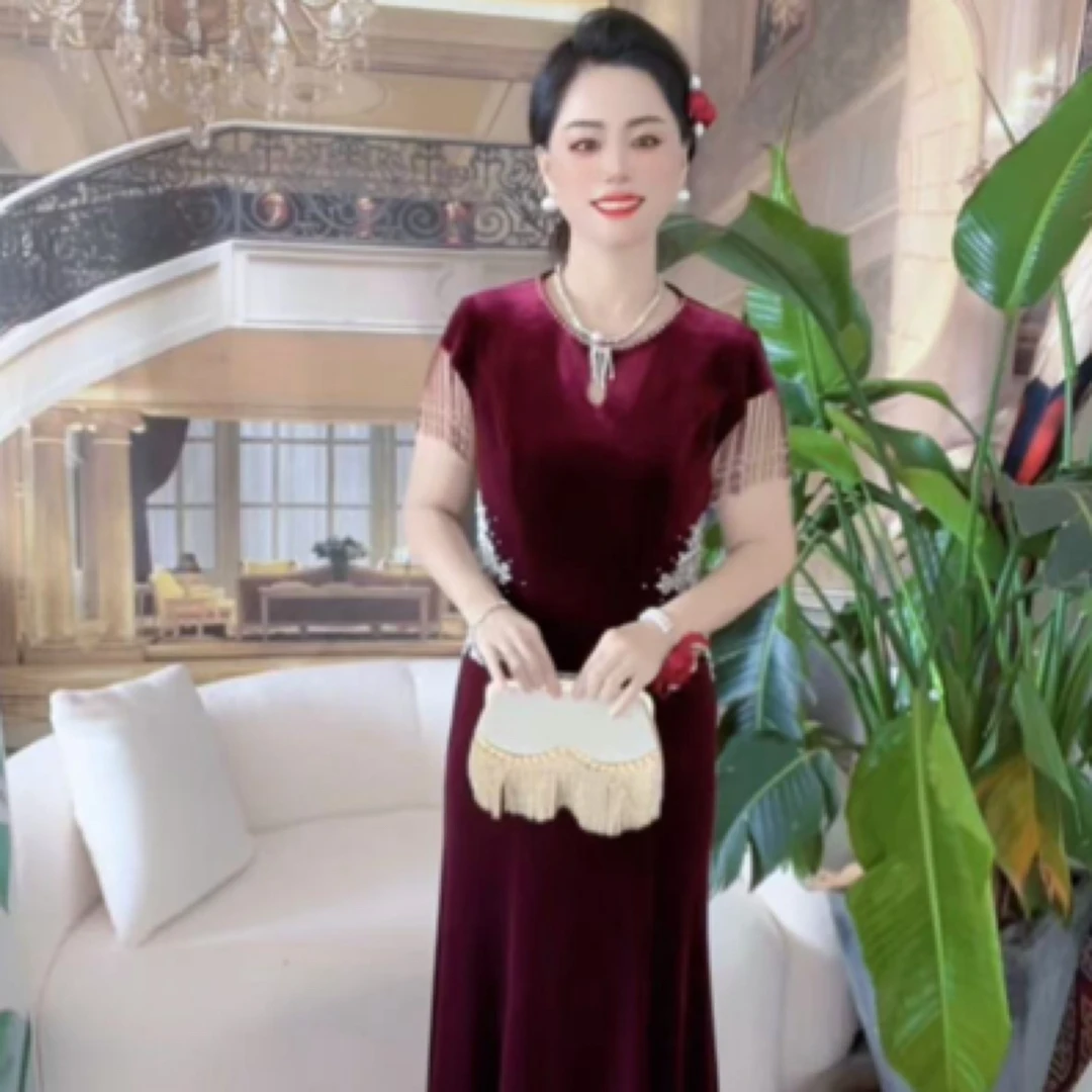 喜婆婆喜妈妈新款金丝绒长款礼服