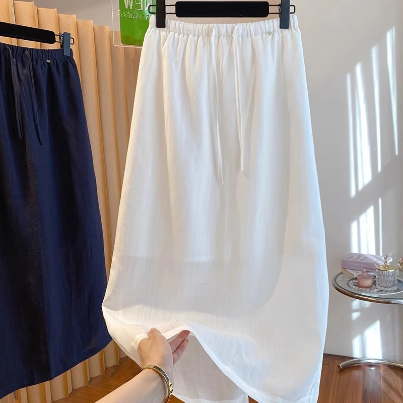 极简风白色亚麻半身裙女夏季新款舒适透气松紧腰抽绳开叉直筒半裙