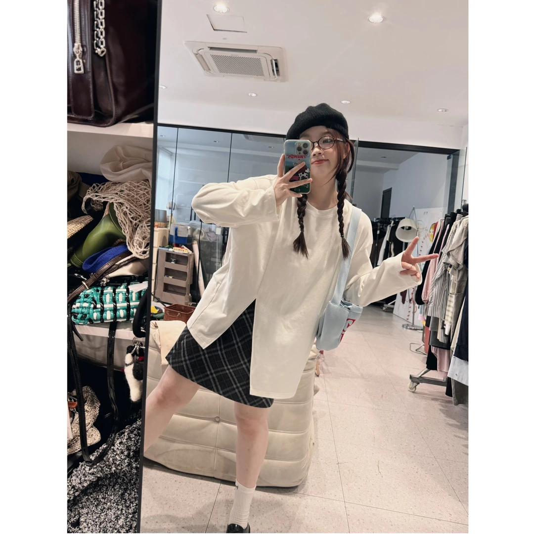 晶咕【内搭王！】侧开叉纯色双面绒感圆领T恤长袖打底时尚休闲