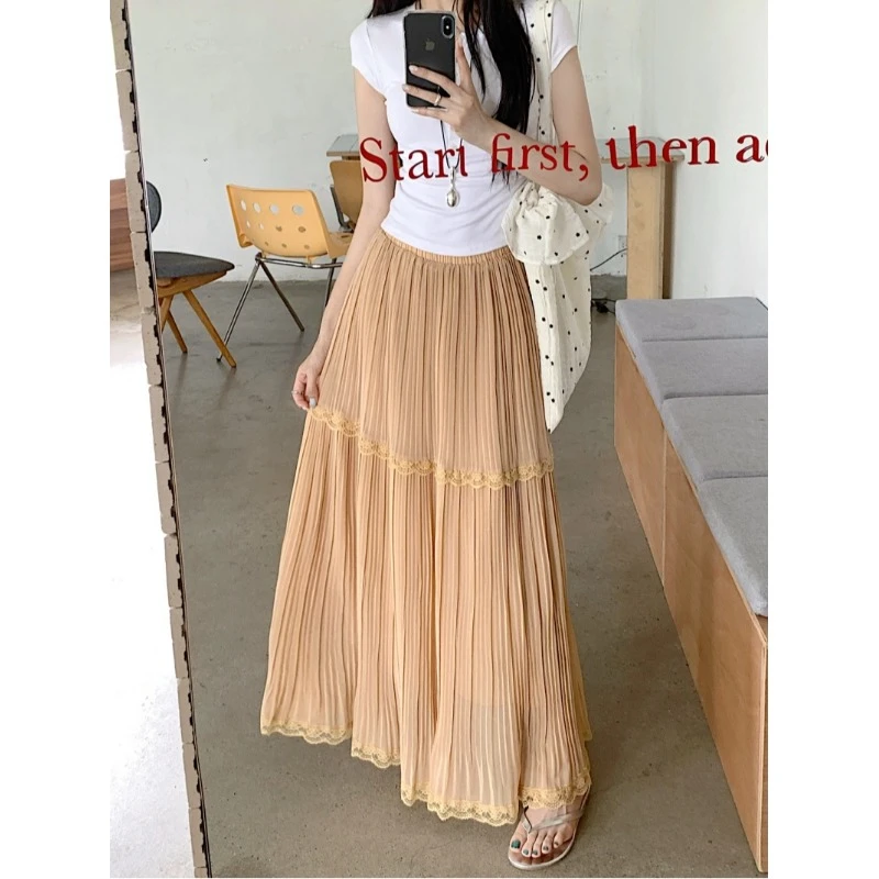 巧克少女温柔风褶皱半身裙A字裙女装夏季高腰蕾丝花边大摆裙长裙