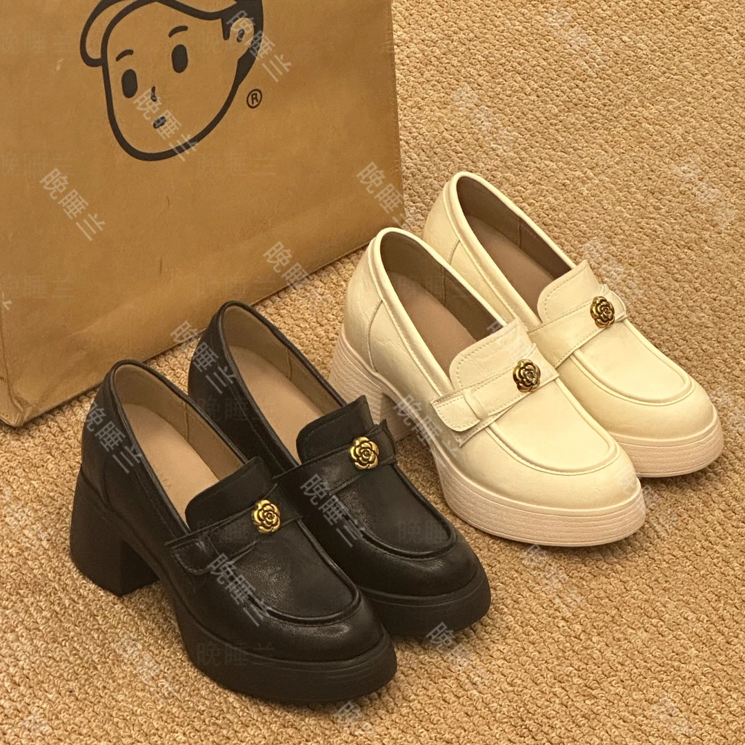 晚睡兰•内增高11cm牛皮山茶花乐福鞋厚底鞋时尚经典复古增高鞋