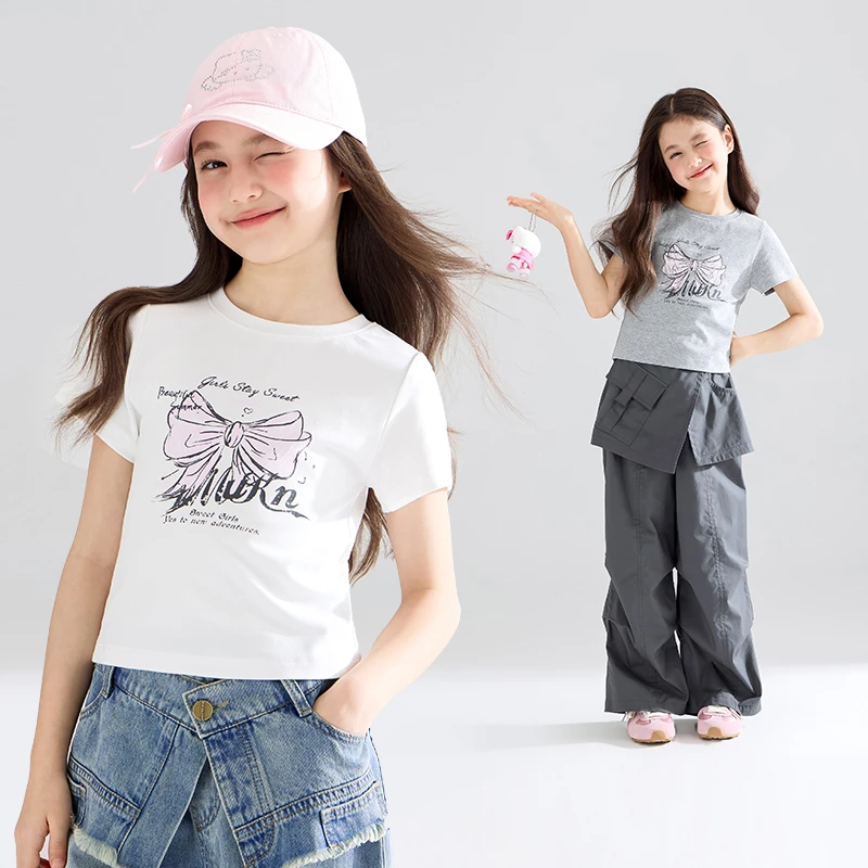 MUCMUKN木可童装透气棉手绘蝴蝶结印花短袖T恤百搭女童M52XT3766