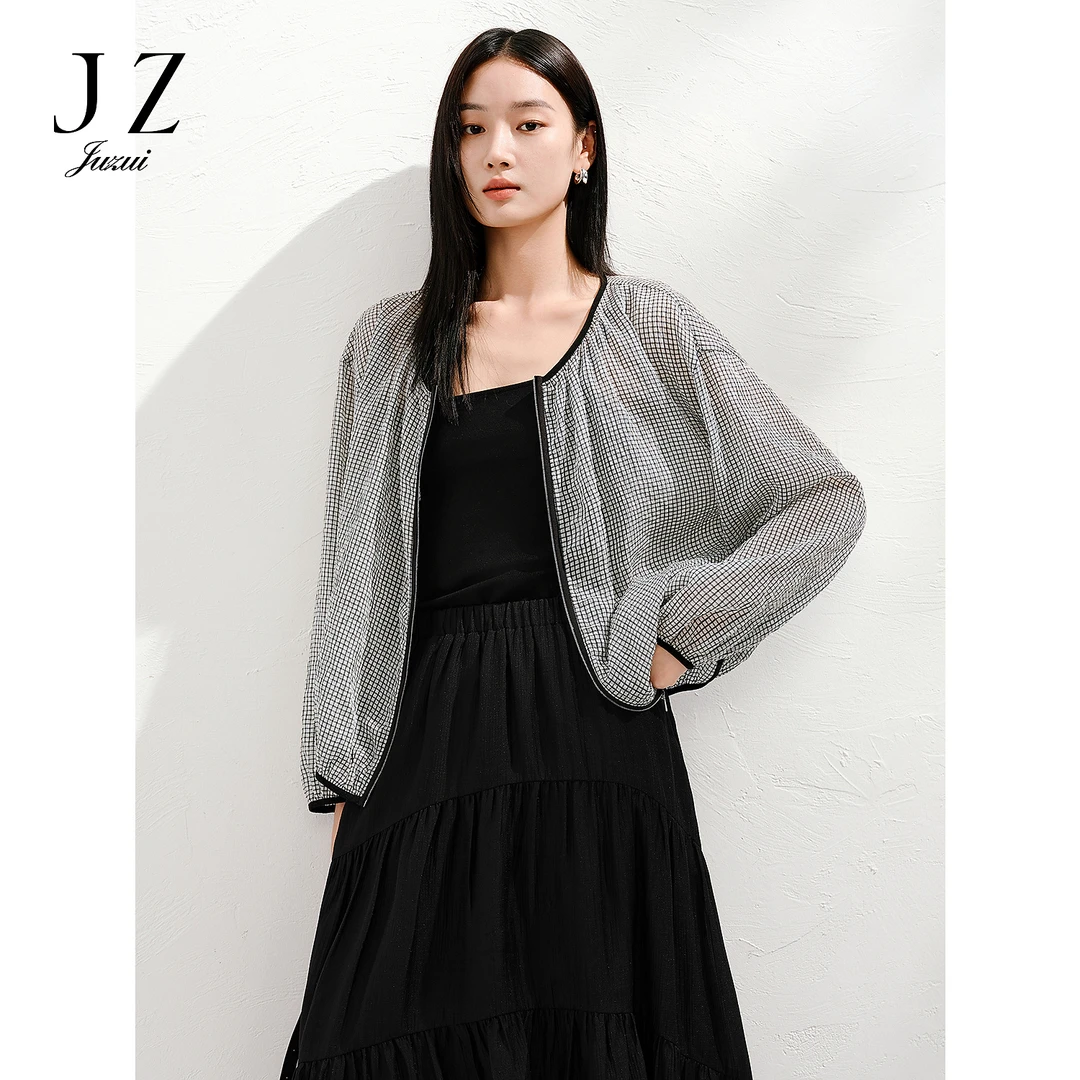 玖姿安娜蔻落肩泡泡皱方格宽松外套女2025夏季新款KWFX40502