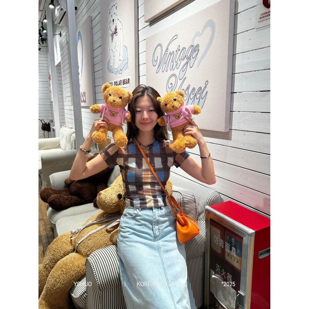 【罗马画报】撞色格子气质上衣夏季轻薄修身显瘦短袖T恤 8978