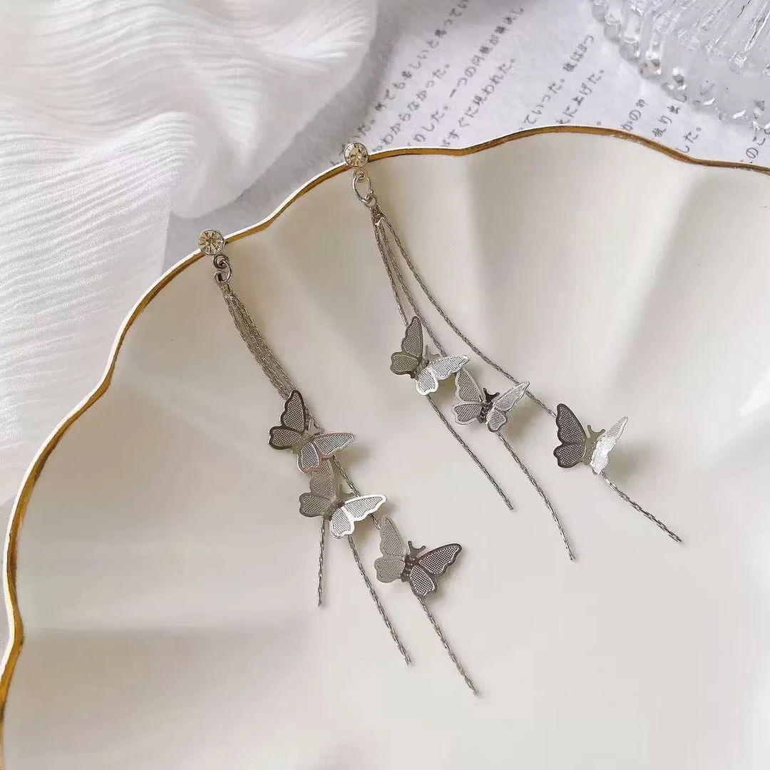 铜合金耳饰 银针蝴蝶长款流苏显瘦百搭耳饰耳坠轻奢耳环小众
