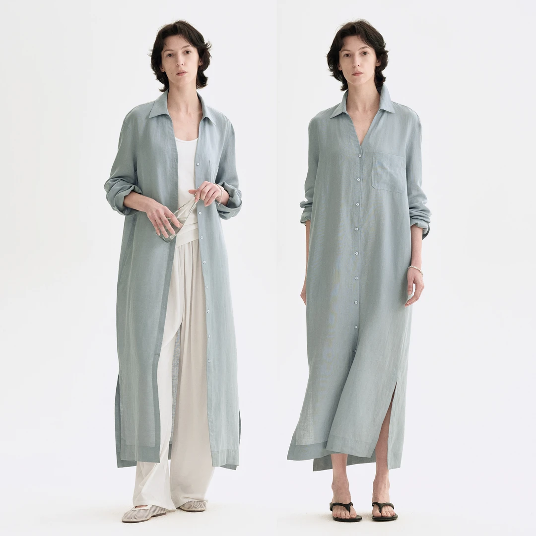 白弓BAIGONG/2025新款极简显瘦苎麻长袖衬衫连衣裙53933X