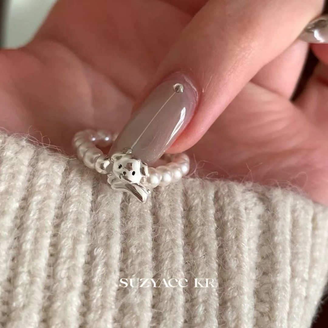 Suzyacc Kr 925银仿珍珠戒指 925银小狗弹力绳戒指小狗款J0814