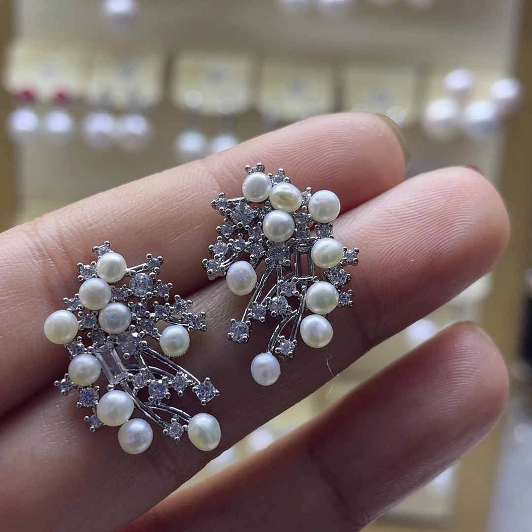 耳饰银S925镶嵌淡水珍珠