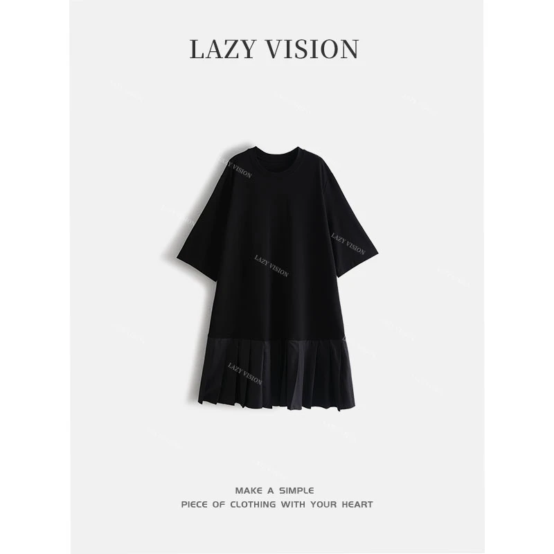 LAZYVISION/拼接短袖休闲百褶连衣裙ZMD-29844