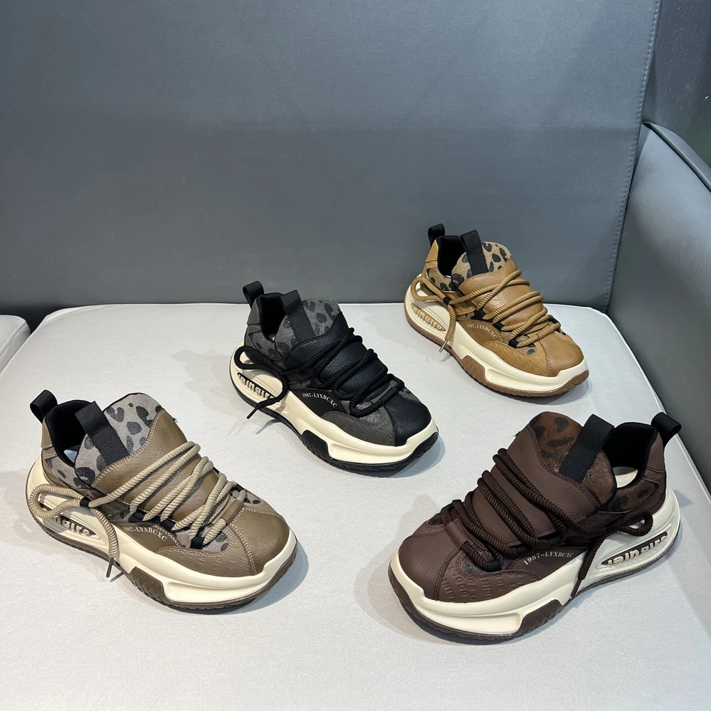 轻奢豹纹厚底老爹鞋时尚运动百搭软底软面舒适男士潮流休闲鞋秋冬