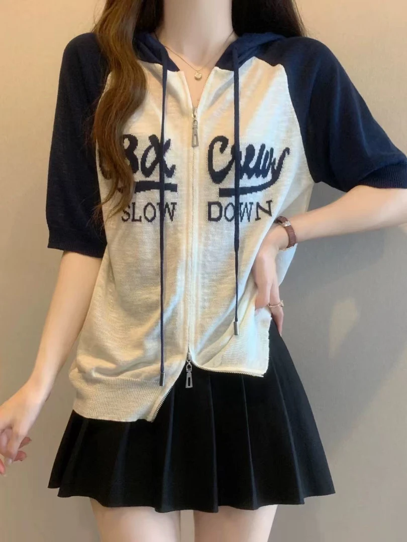 拉链字母连帽显瘦薄款短袖针织衫 101