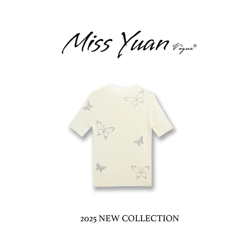 M.Y.媛总 2025夏季蝴蝶100%莱赛尔短袖针织衫洋气镶钻T恤1LY2731D