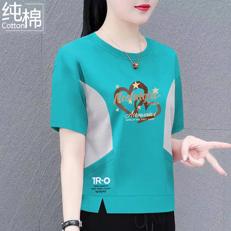 夏季新款重磅100%纯棉短袖T恤女有口袋拼接撞色开衩别致圆领上衣