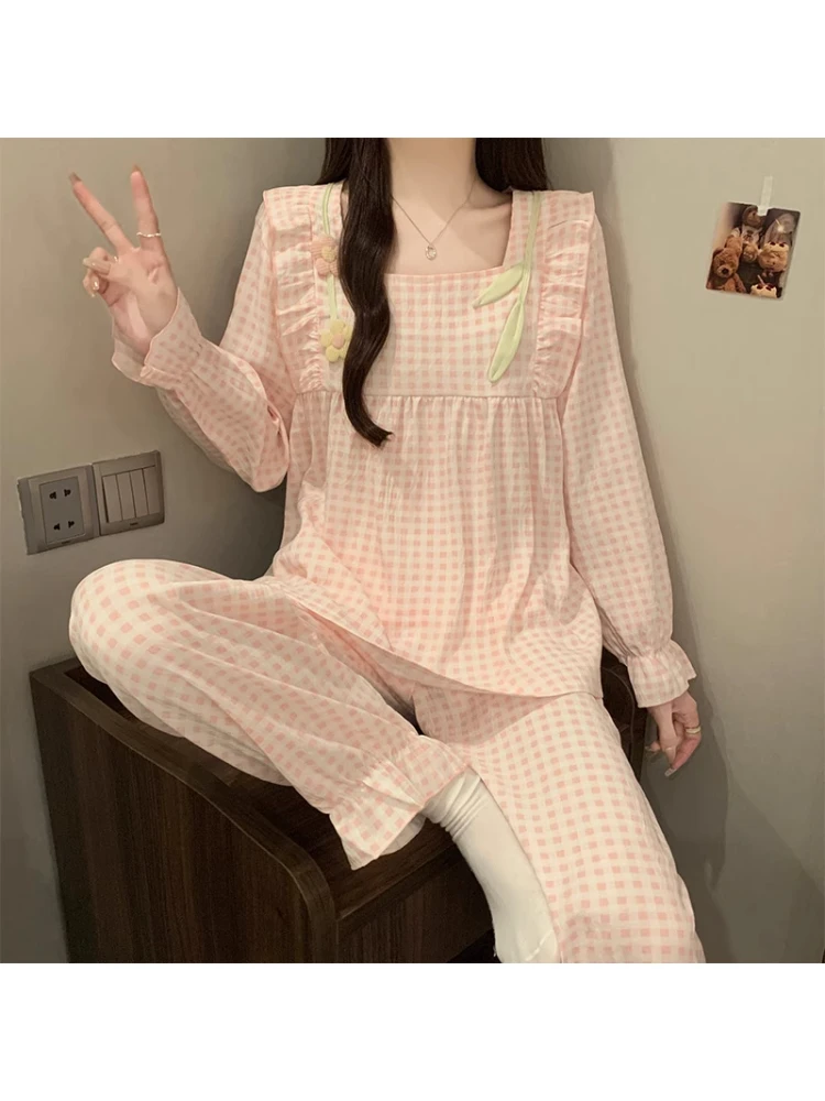 睡衣女款秋冬云朵棉长袖宽松2025新款高级感甜美格子家居服套装