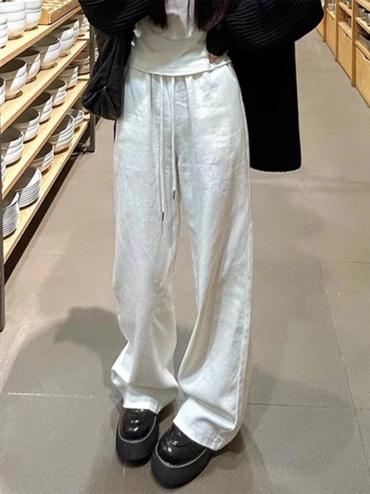 美式白色运动休闲裤女夏季薄款宽松直筒高腰显瘦垂感拖地阔腿裤子