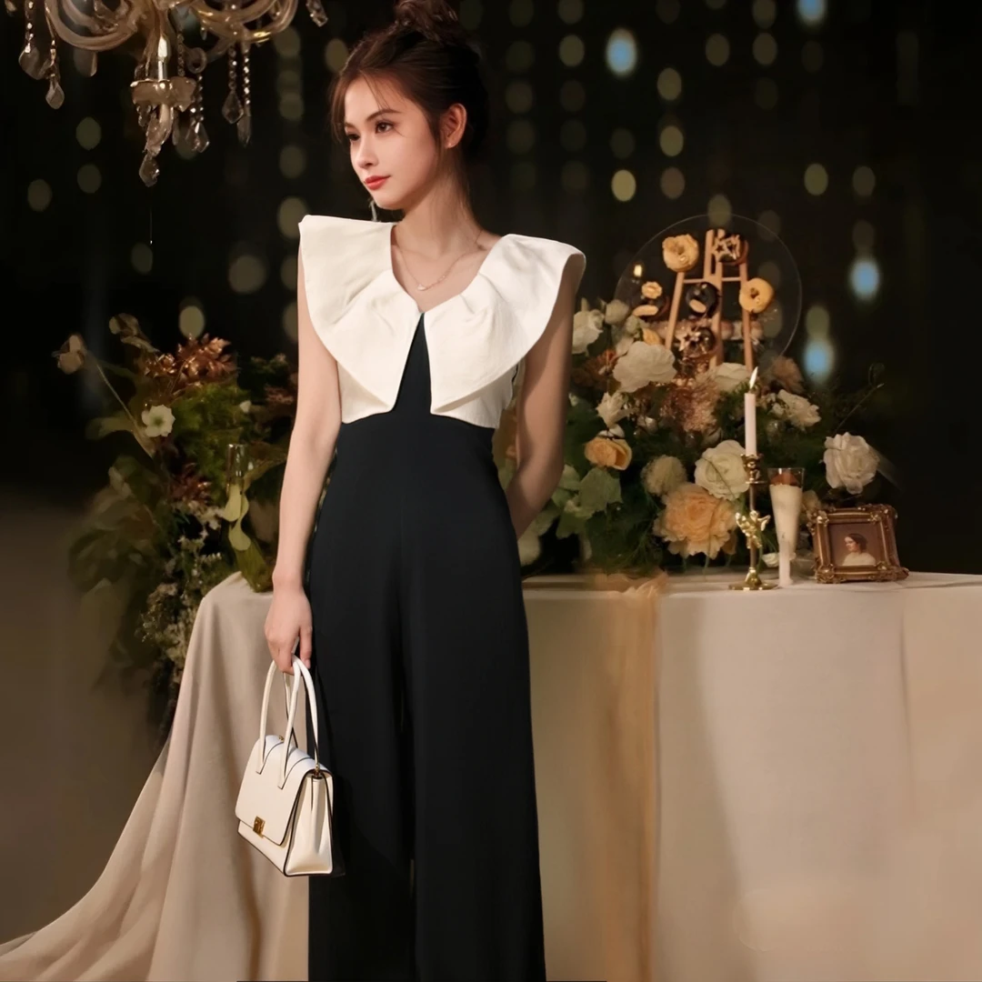 C小个子洋气黑色撞色高腰显瘦阔腿休闲轻奢阔腿裤夏连衣裤D2098