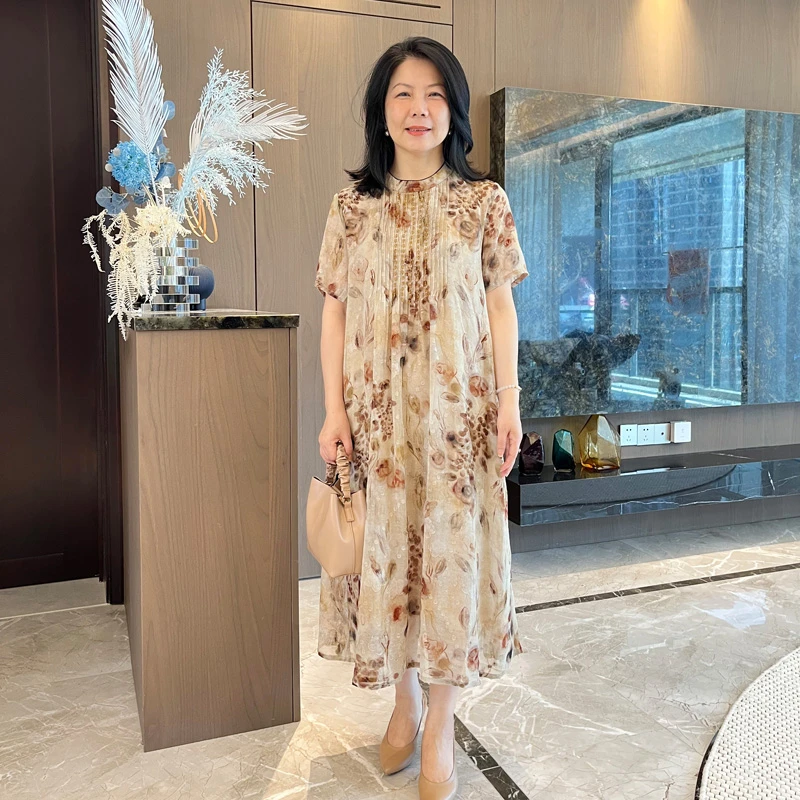 夏季直筒细褶优雅中年妈妈中长连衣裙SL-2580
