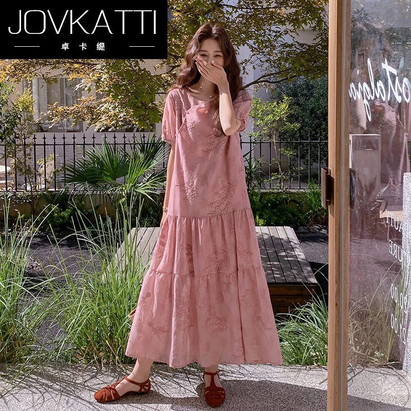 Jovkatti粉色新中式国风连衣裙女夏季2025新款休闲慵懒风松弛感