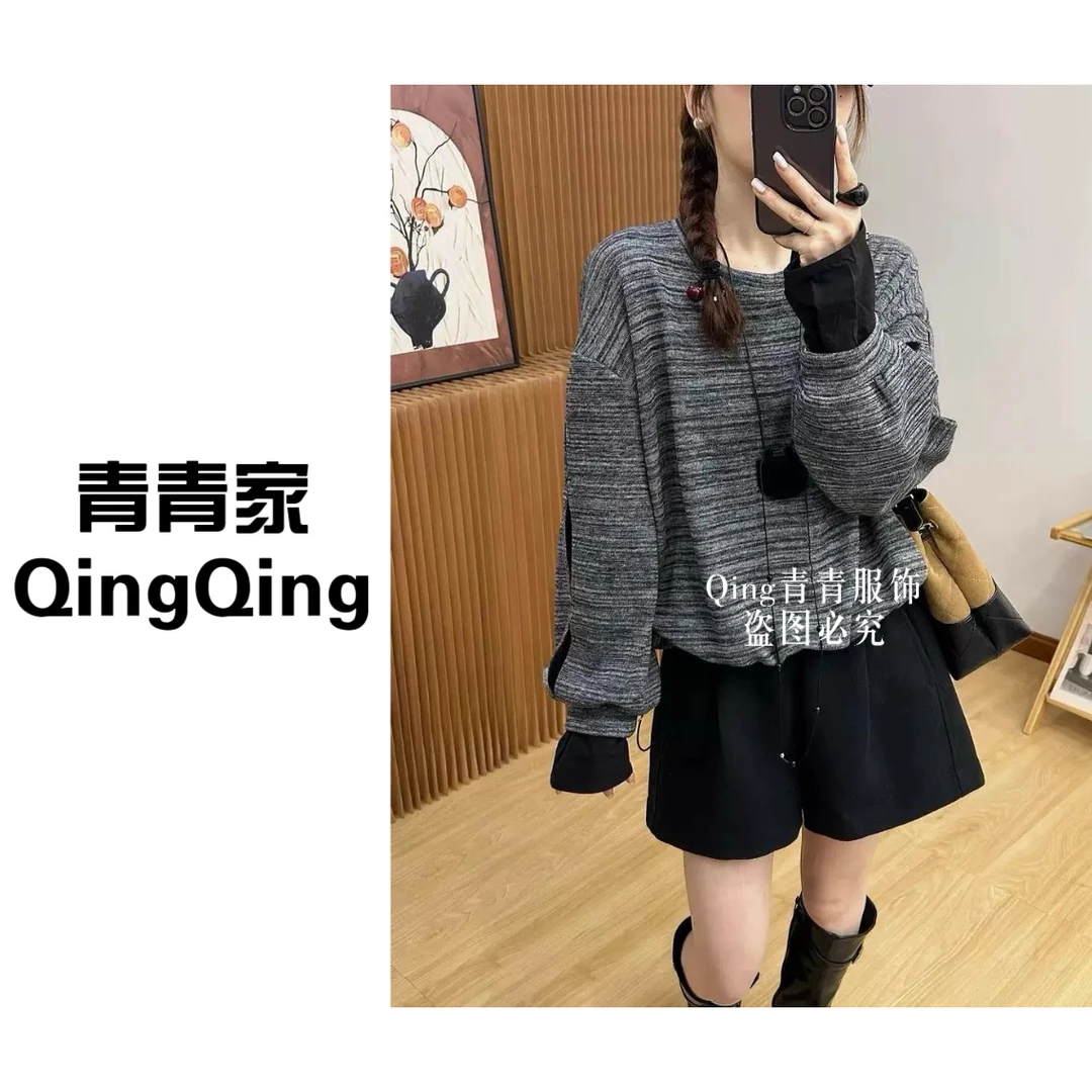 青青家冬季新款圆领设计感时尚百搭加厚卫衣-18028