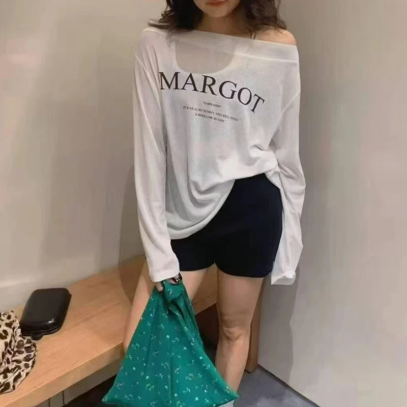 韩版字母印花防晒罩衫长袖T恤女秋季新款宽松慵懒风松弛感上衣ins
