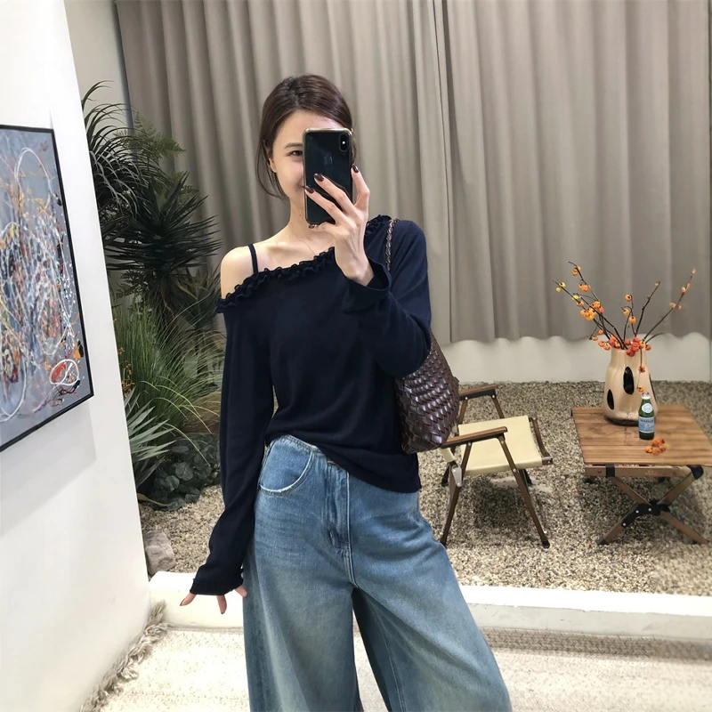 法式拼接花边露肩长袖针织衫女2025早秋新款设计感修身显瘦上衣