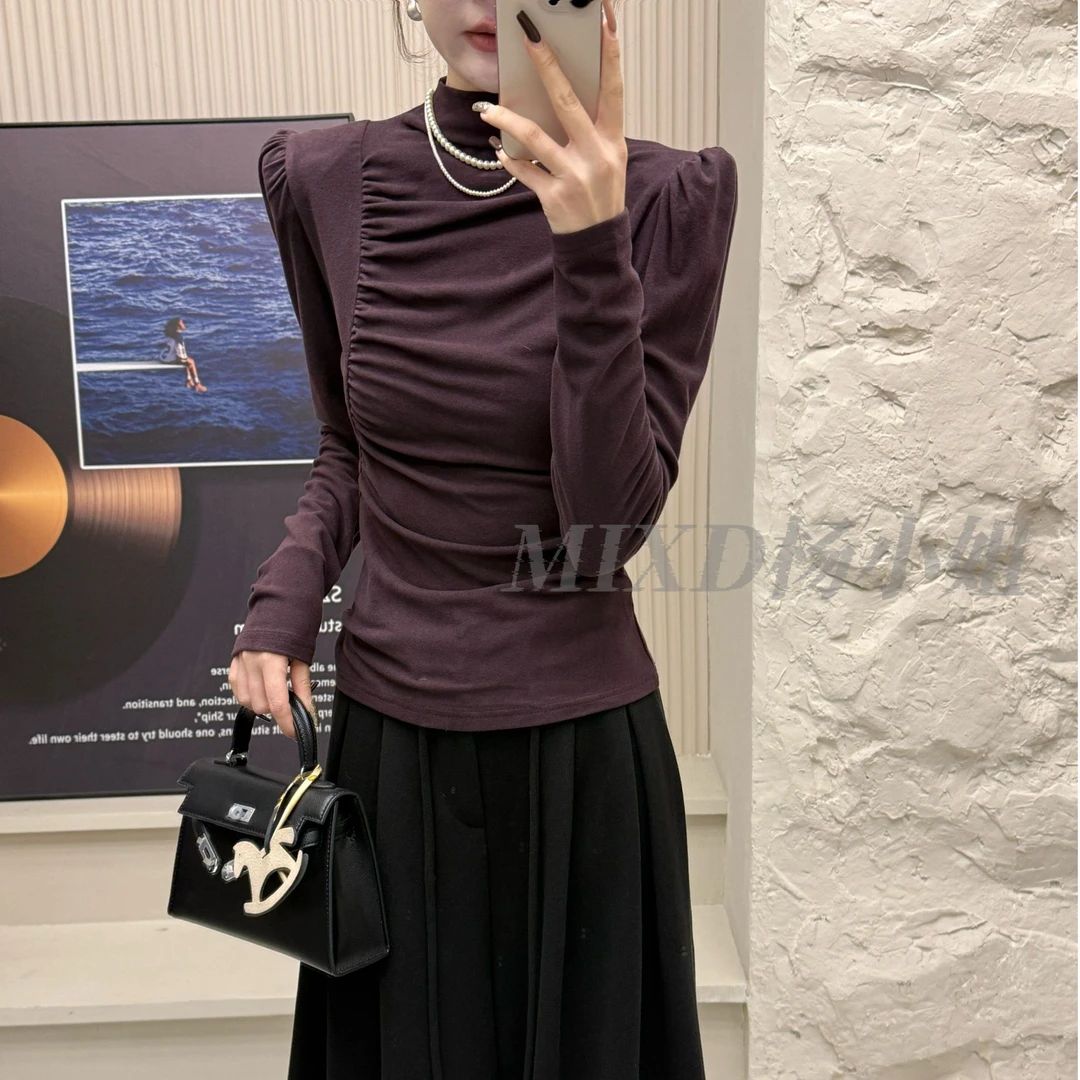 【MIXD杨小姐定制】2025秋冬半高领褶皱设计显瘦百搭磨毛打底上衣