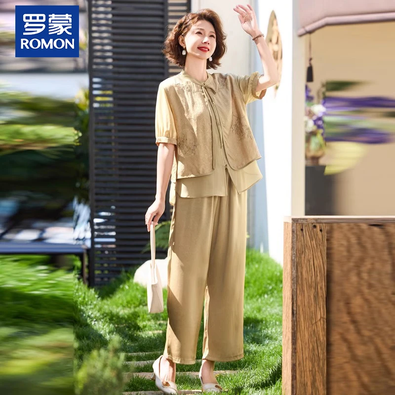 罗蒙妈妈装夏季高档国风两件套新款中年假两件上衣中年女时尚套装