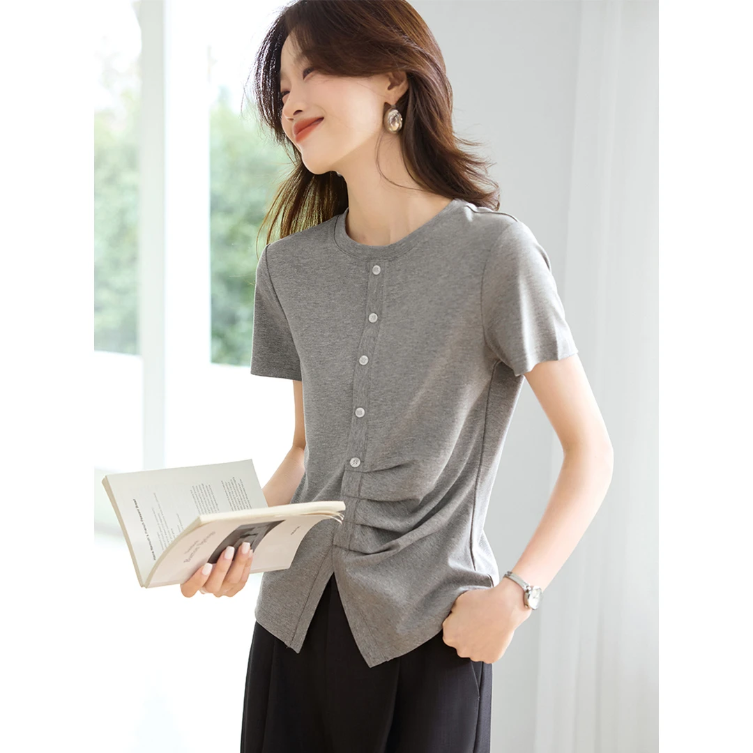 沫晗依美【时髦韩系压褶设计感显瘦收腰圆领T恤】25夏季新款短袖女