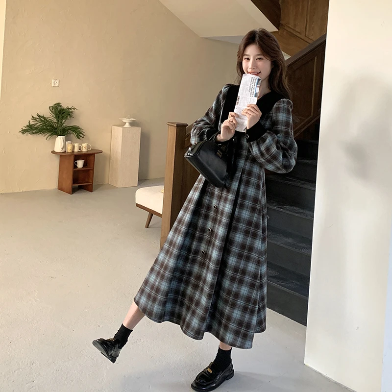 蓝格拼接法式娃娃领连衣裙女2025春季新款学院风减龄高腰显瘦长裙