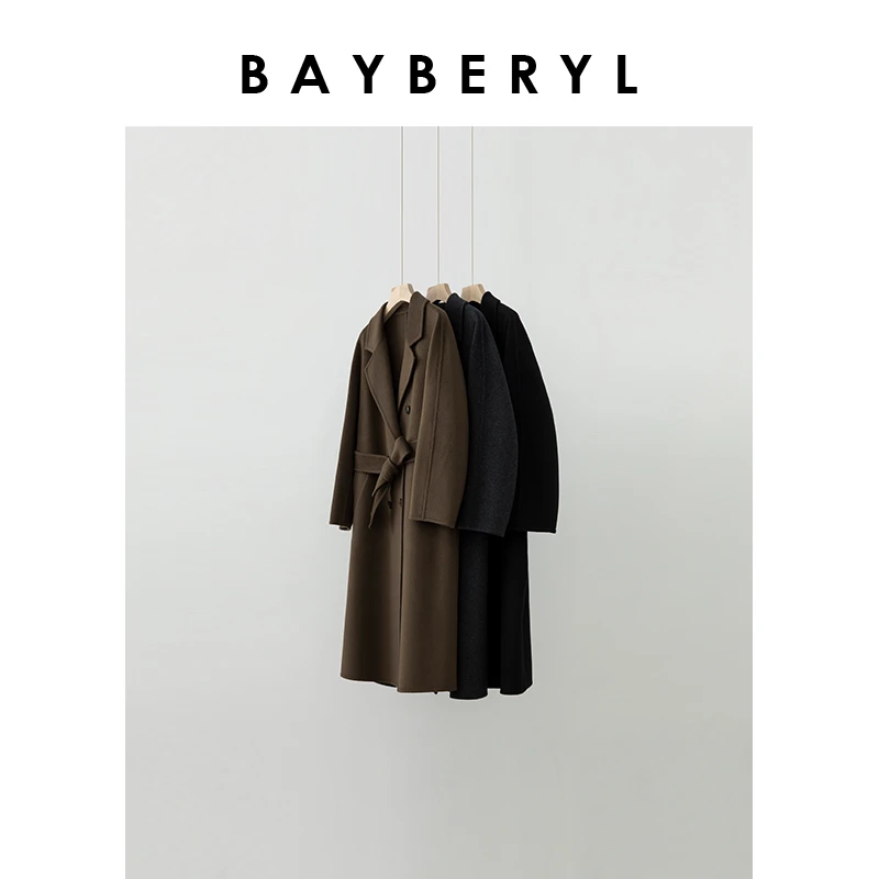 BAYBERYL老贝都市*西装领双排扣系带百搭毛呢大衣MF4L1021-12/12
