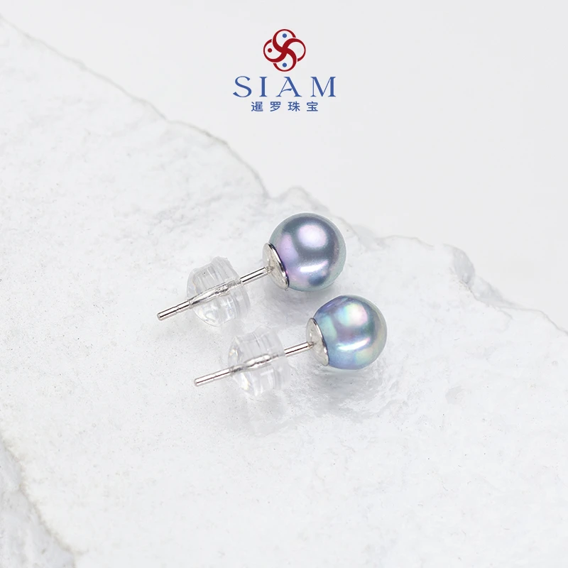 【暹罗珠宝】天然特选海水"Akoya“真多麻蓝血”闪蝶耳钉6-7mm 331