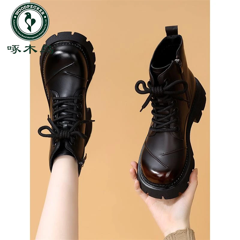 啄木鸟厚底马丁靴女2025新款秋冬季防滑百搭舒适显瘦英伦风短靴