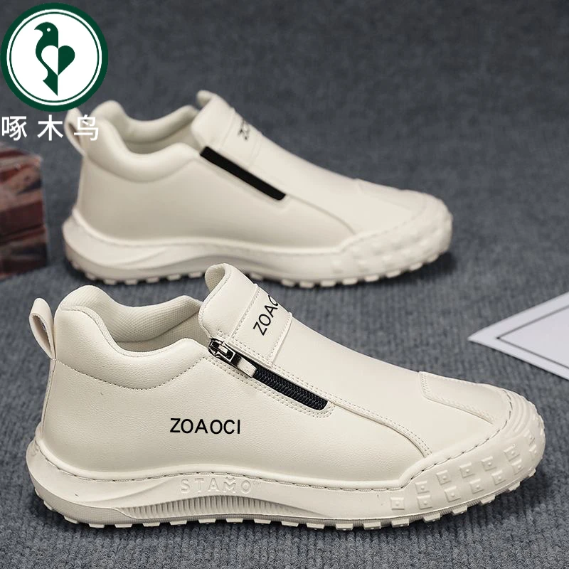 【正品】啄木鸟男鞋春季新款透气一脚蹬小白鞋子男防滑耐磨运动鞋