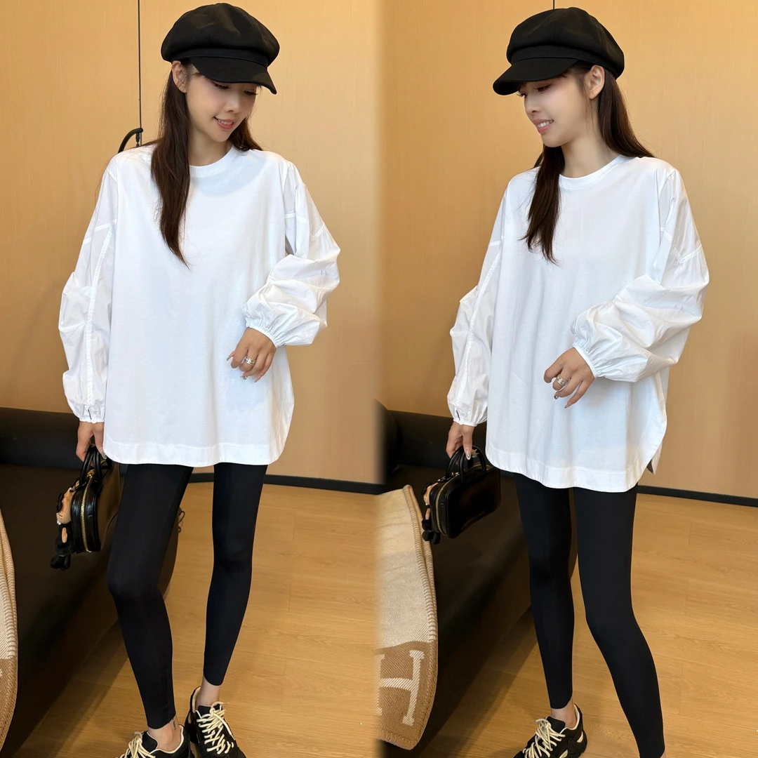 二姐的宝藏早秋设计感宽松显瘦简约纯色拼接衬衫袖长袖T恤#25292